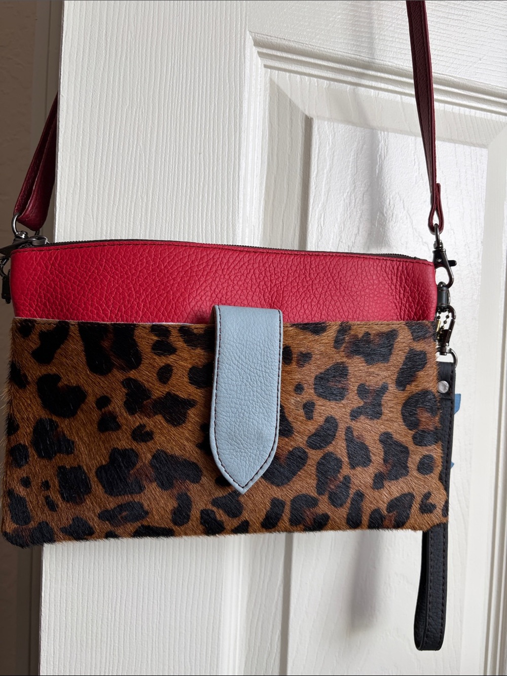 Soruka Leopard Print Crossbody with Red and Light Blue Accents